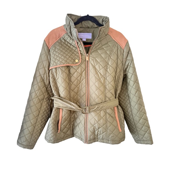 Laura Scott Green Quilted Jacket with Belt and Tan Faux-Suede Trim Size XL - Picture 2 of 11